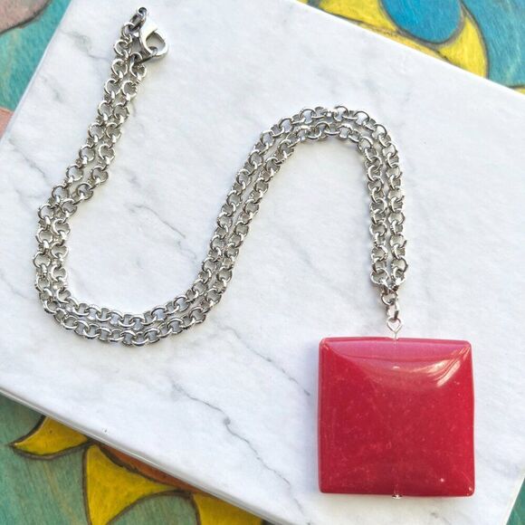 Handmade Jewelry - Red Marble Stone Square Pendant on Silver Chain Necklace